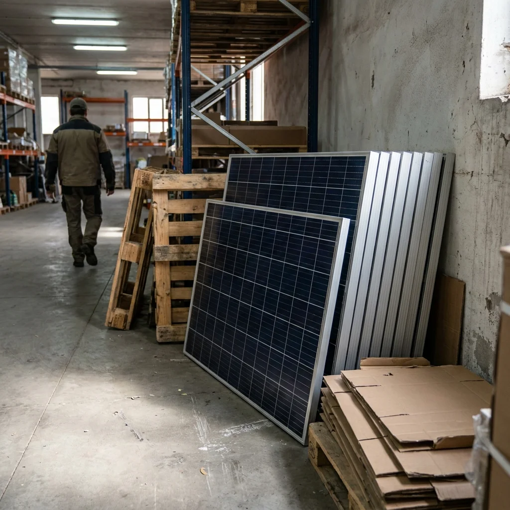 Solar panels stacked in a warehouse