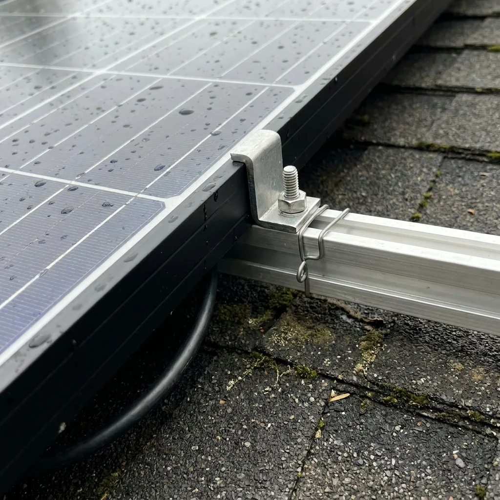 Corner of an installed solar panel with mounting clamp