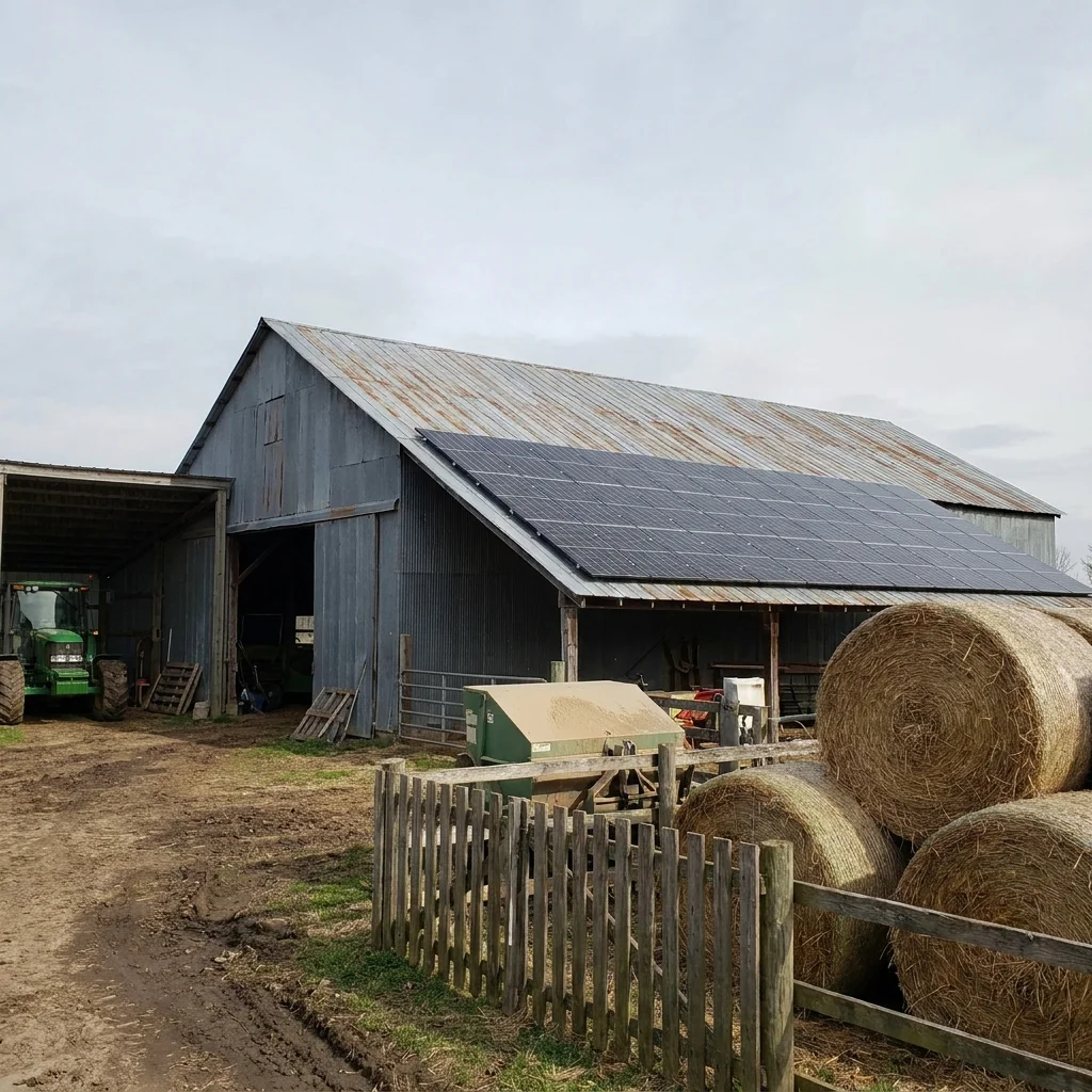 Solar array on a metal barn roof