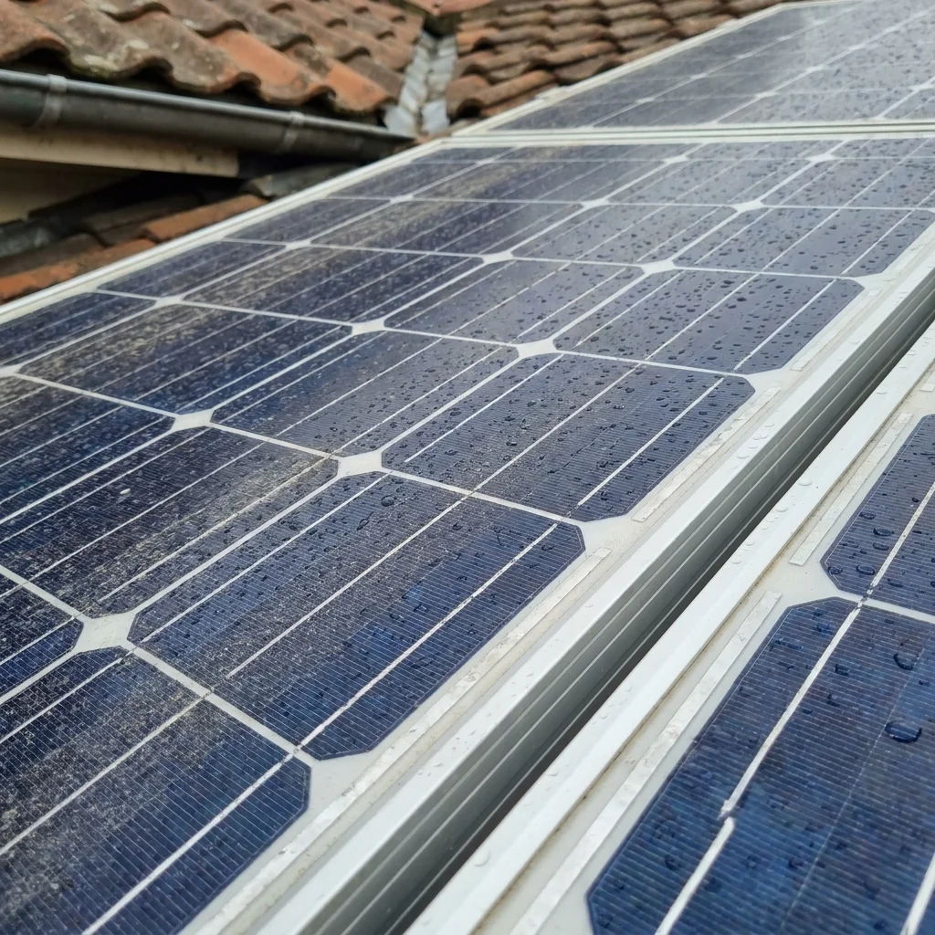 Close-up of solar cells and frame with water droplets