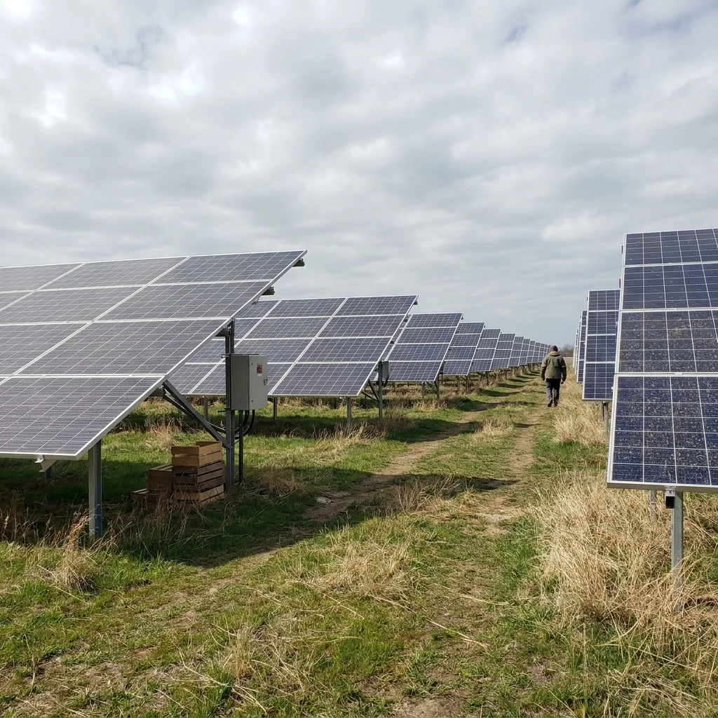 Rows of ground-mounted solar panels in a field