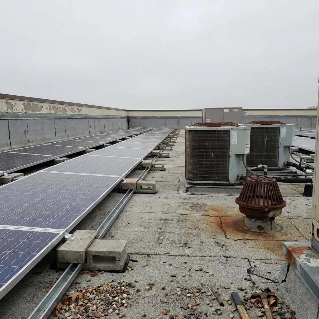 Solar panels on a flat commercial roof