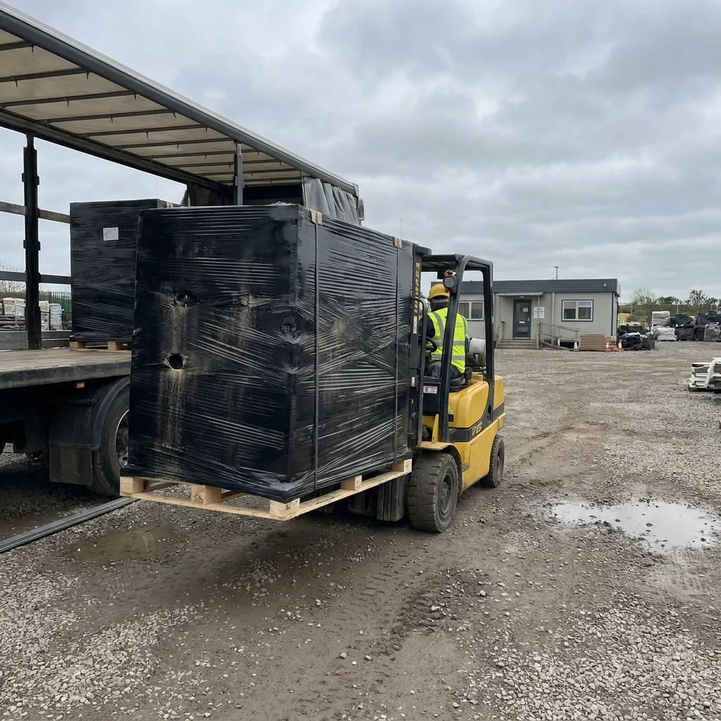 Pallet of solar panels being unloaded from a truck