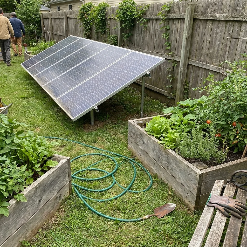 Raised garden beds beside a small ground-mounted solar array