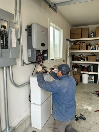Technician checking an inverter and battery installation