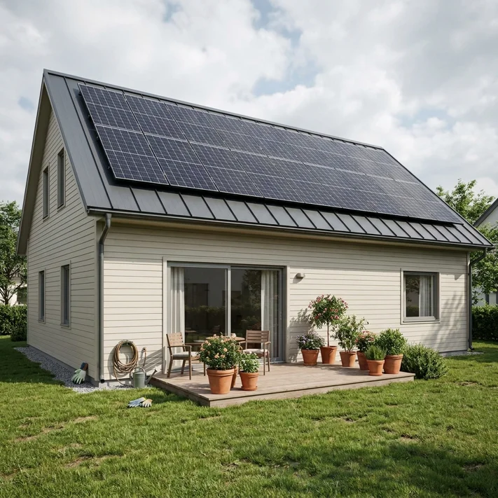 Back of a house with rooftop solar panels and a patio
