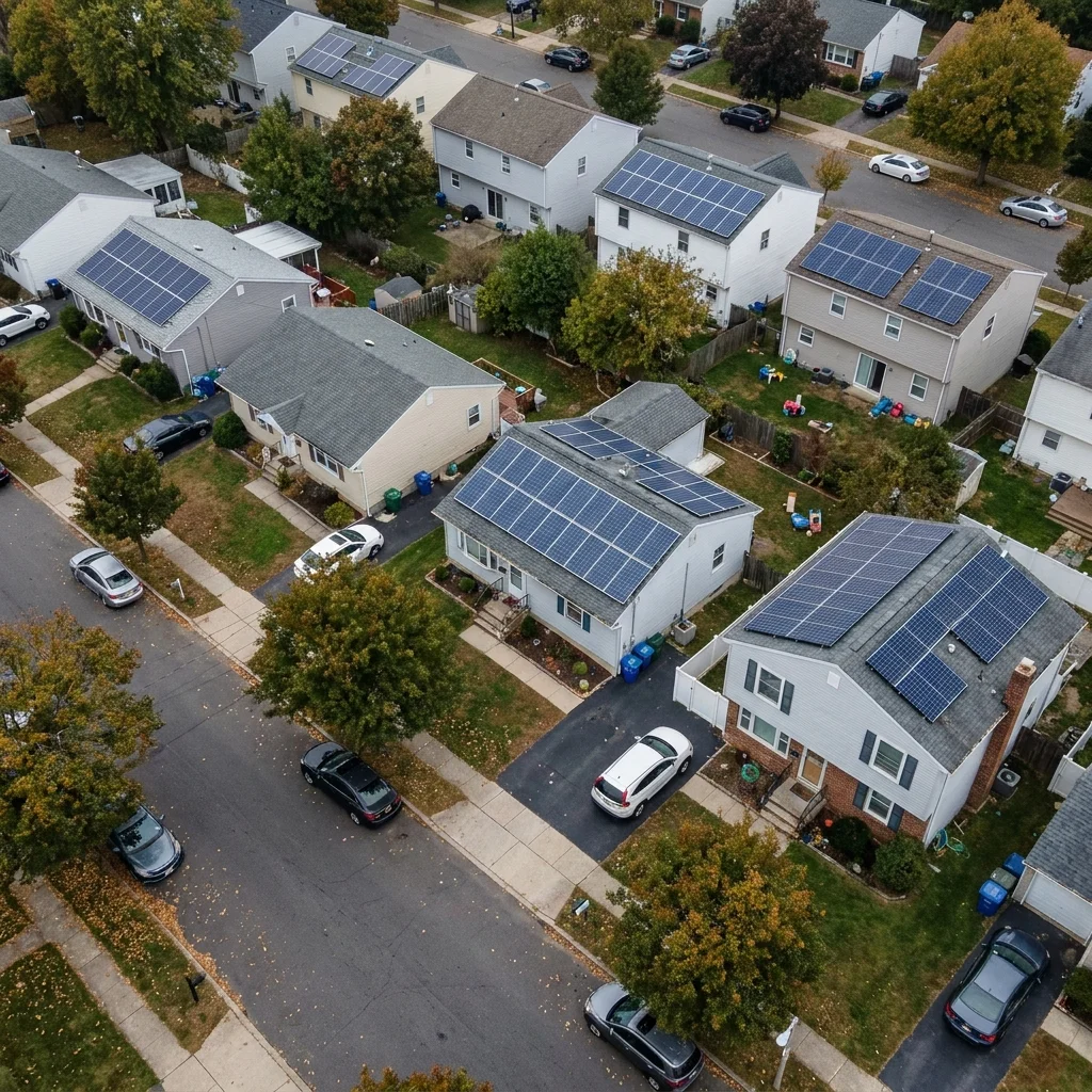Suburban neighborhood with solar panels on many roofs