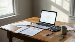 A printed solar proposal and calculator on a kitchen table