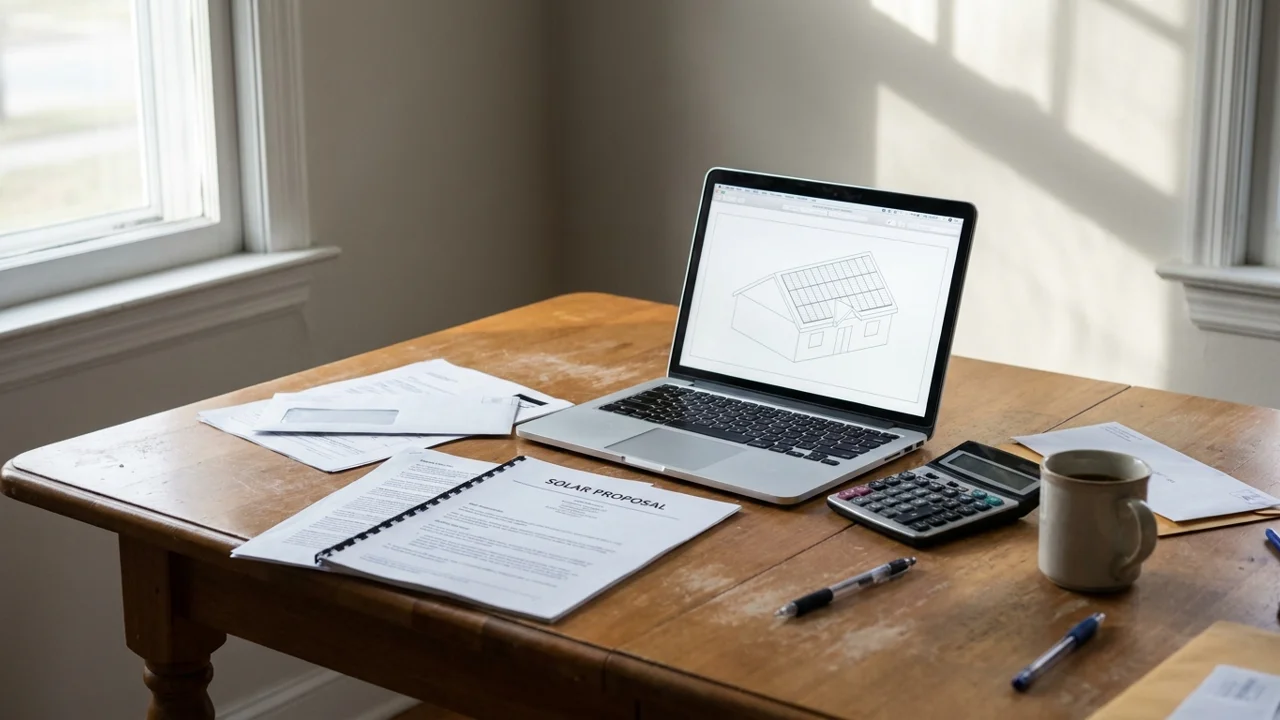 A printed solar proposal and calculator on a kitchen table