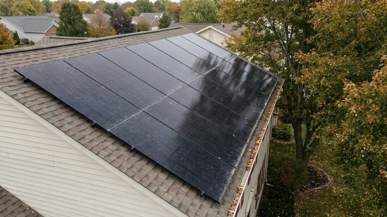 Aerial view of a residential roof with solar panels and nearby trees