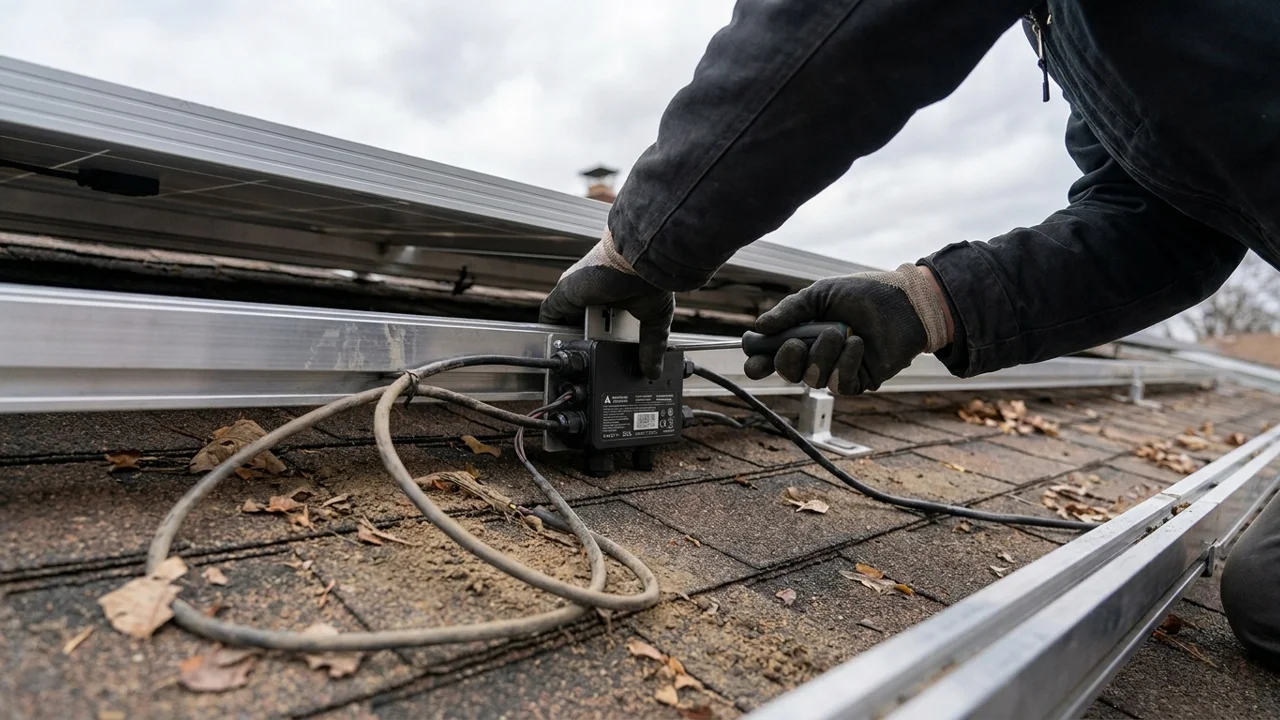 Close-up of a microinverter being installed beneath a solar panel