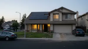 A suburban home with rooftop solar panels at dusk