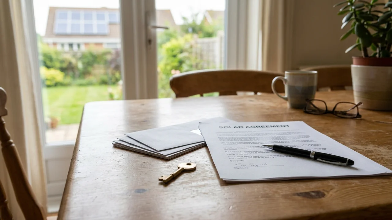 A contract, pen and a small house model on a desk
