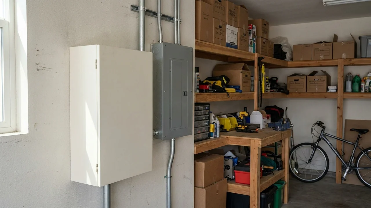 A wall-mounted home battery next to an electrical panel in a garage