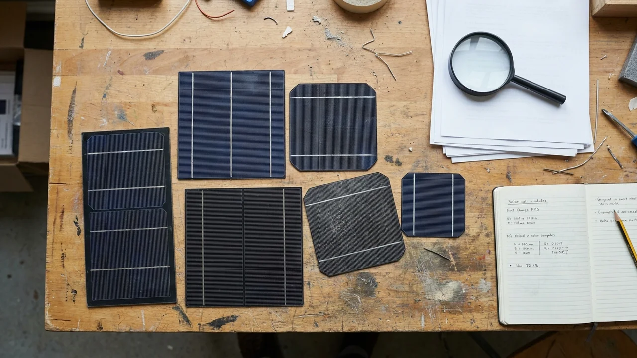 Different solar cell samples next to a world map