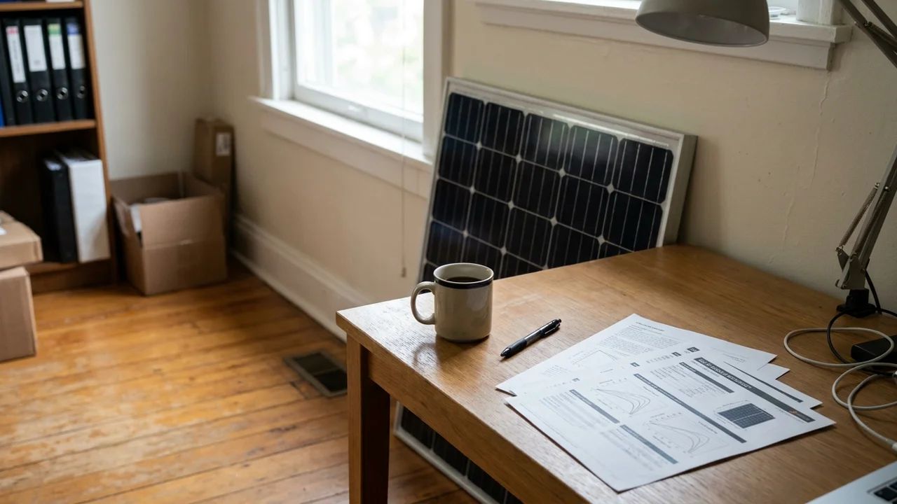 Documents and a pen next to a solar panel corner on a desk
