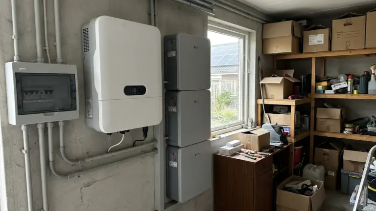 Home batteries and a hybrid inverter in a garage