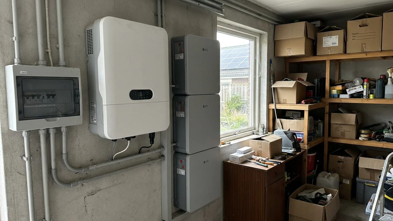 Home batteries and a hybrid inverter in a garage
