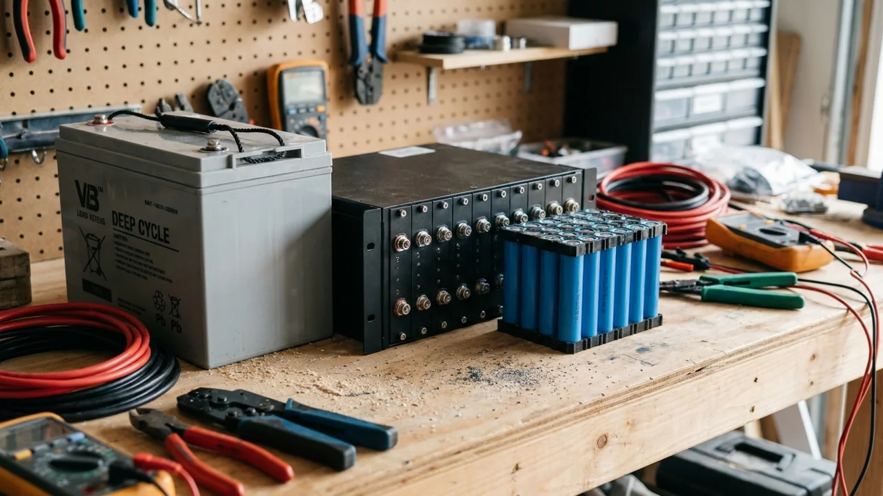 Different solar battery types on a workbench