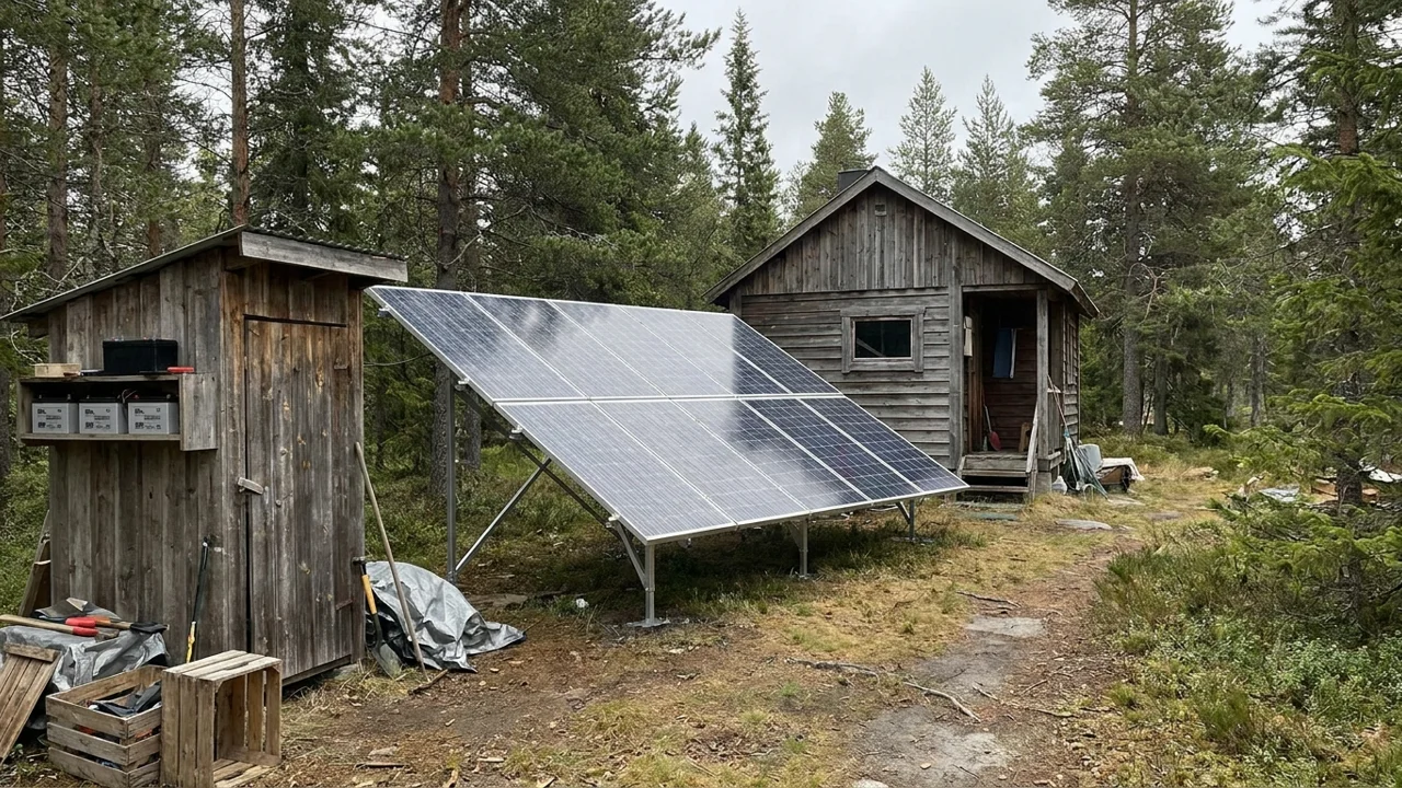An off-grid cabin with a small ground-mounted solar array