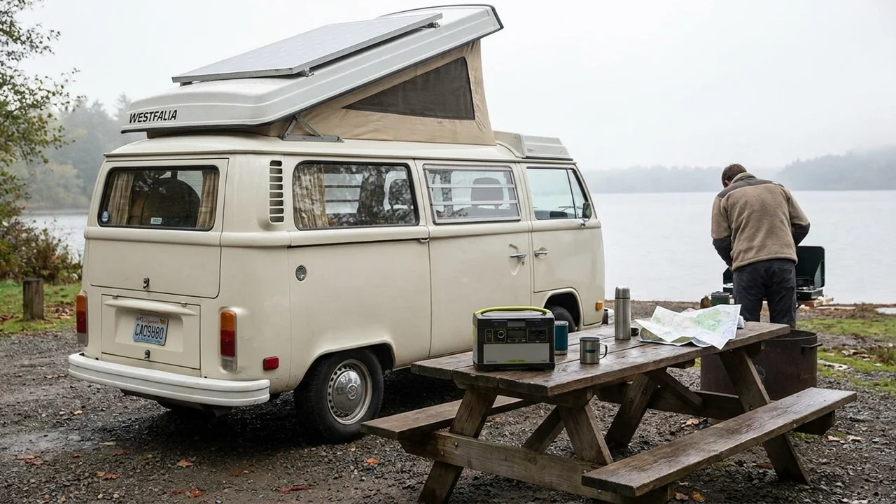A camper van with a rooftop solar panel and a portable solar generator
