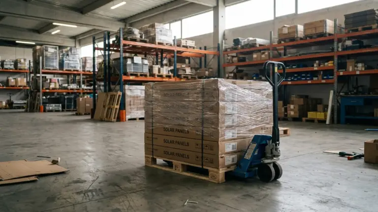 A shrink-wrapped pallet of solar panels in a warehouse