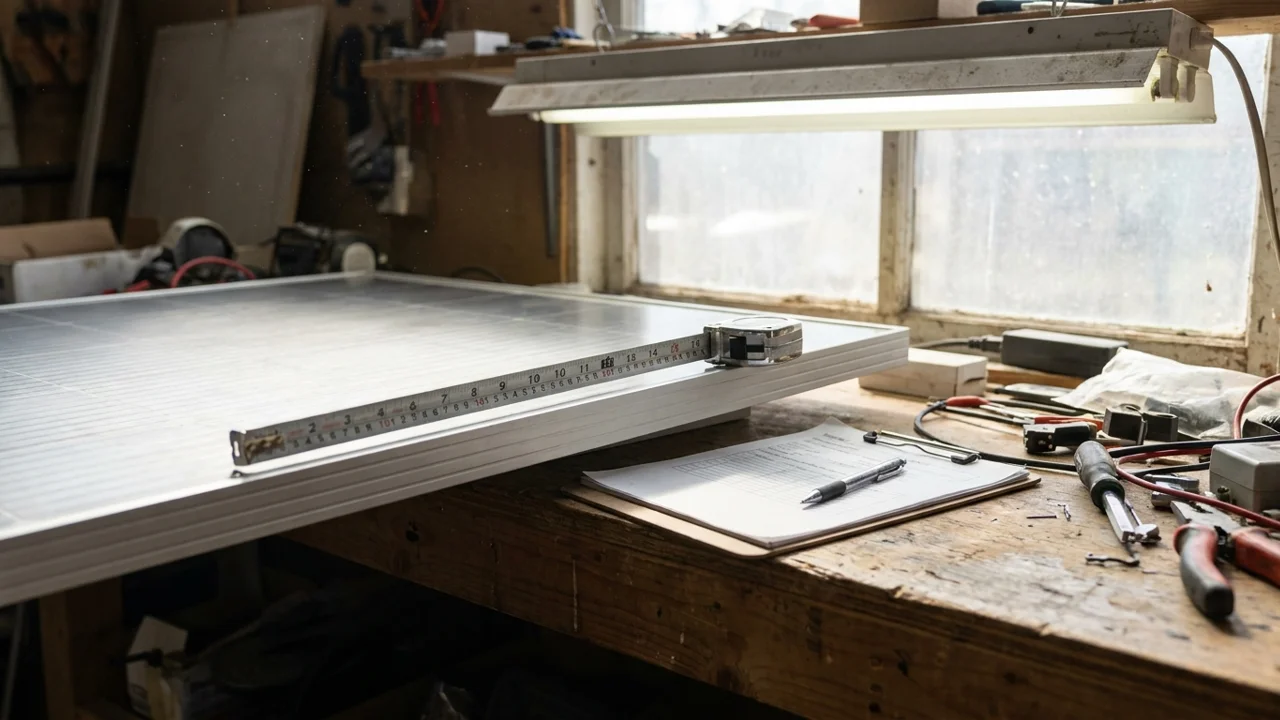 Close-up of a solar panel frame corner being measured