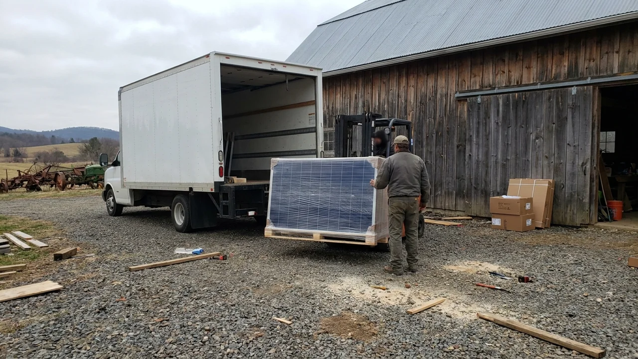 Forklift unloading a pallet of solar panels from a delivery truck