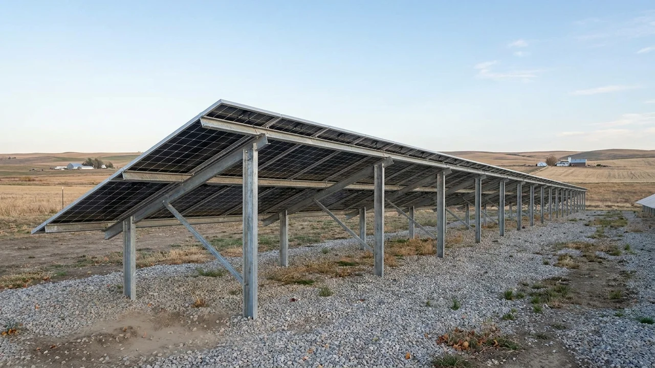 Ground-mounted bifacial solar panel array raised above light gravel