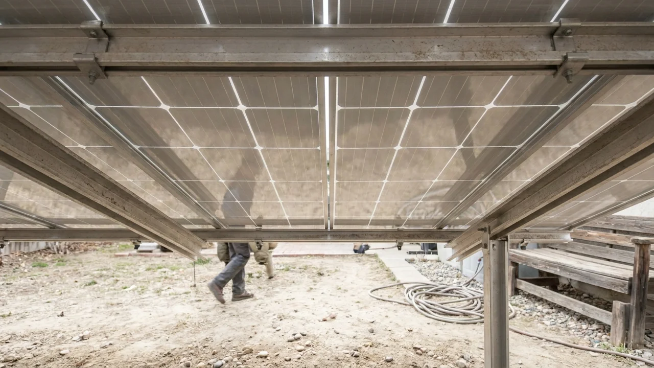 Rear side of a glass-glass bifacial solar panel on racking