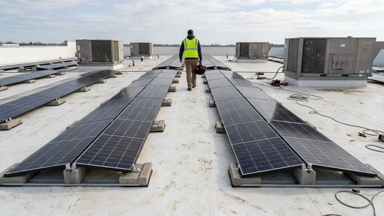 Tilted bifacial solar panels on a white commercial roof membrane