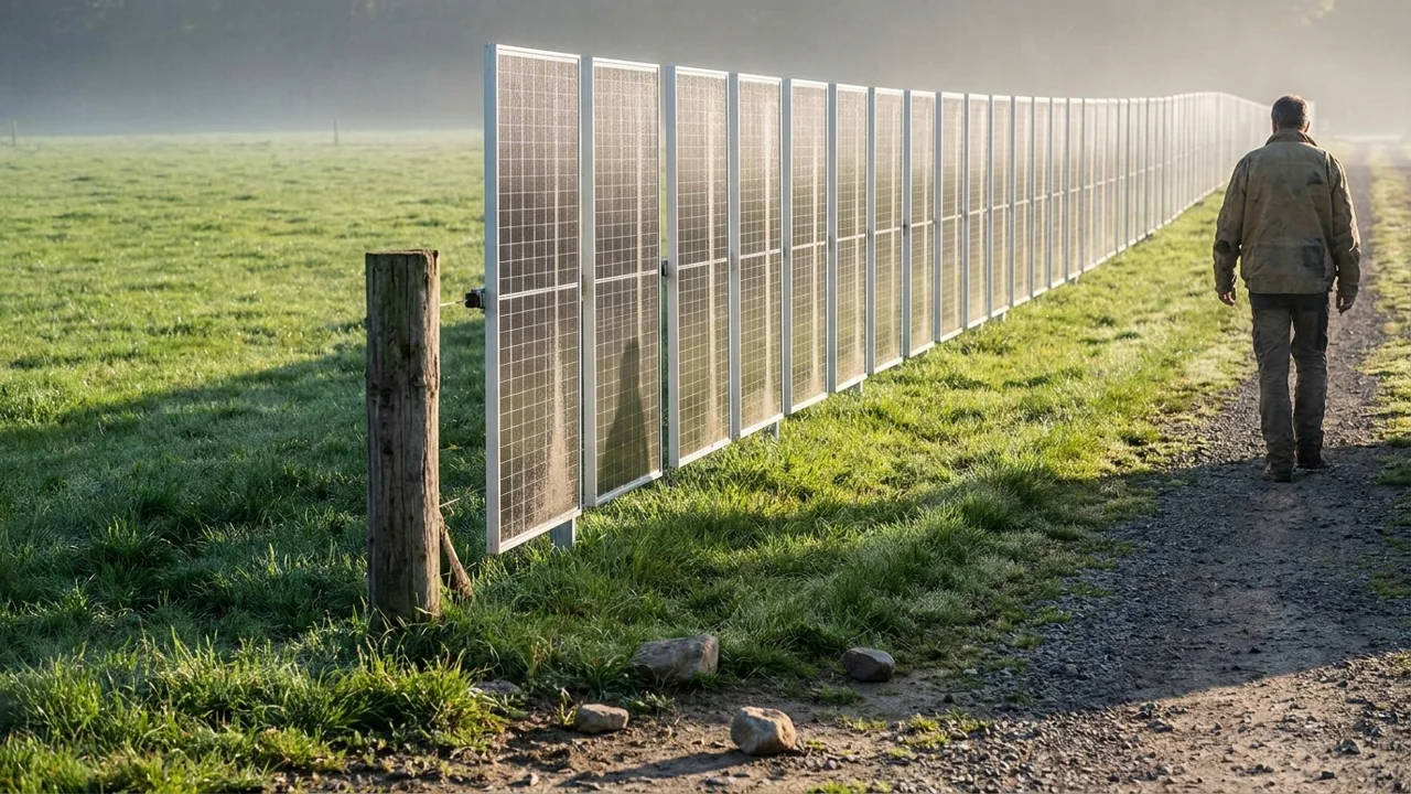 Vertical bifacial solar panels installed like a fence in a field