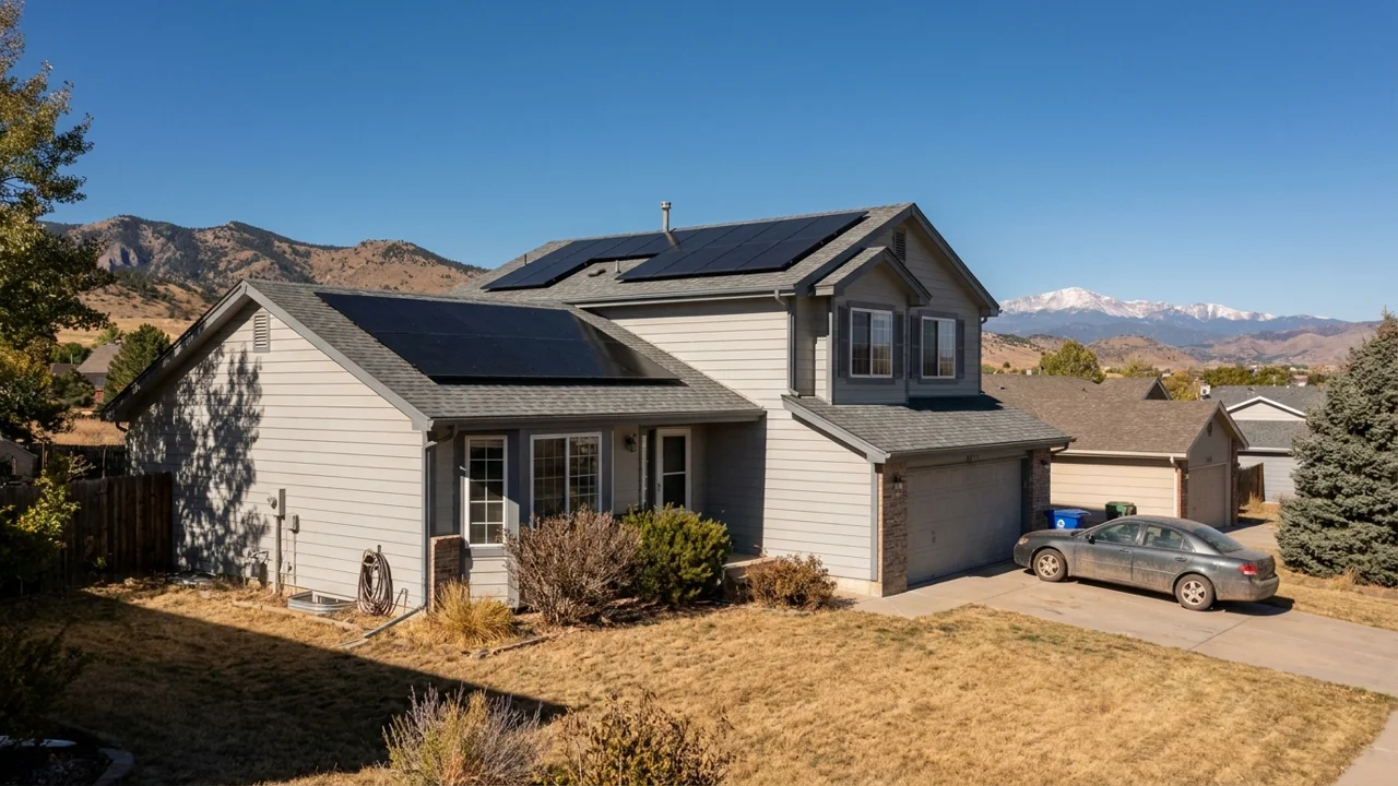 Suburban Colorado home with rooftop solar panels and the Front Range behind