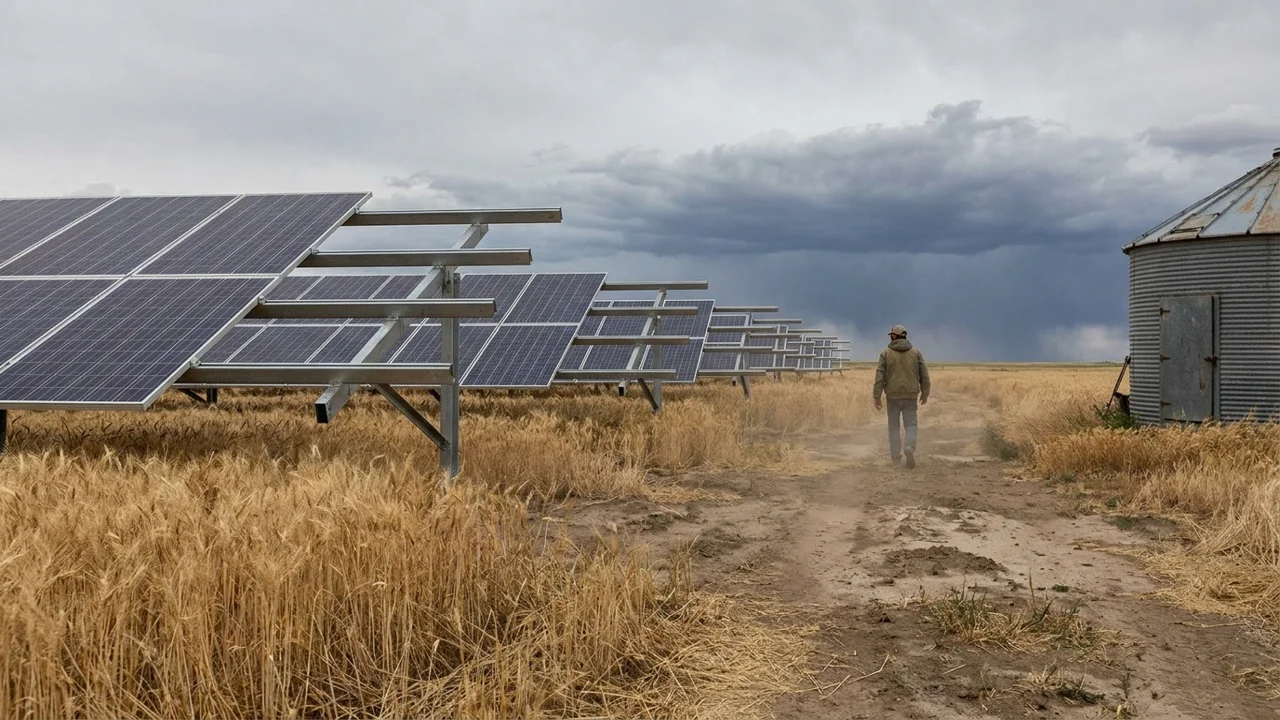 Ground-mounted solar array on a farm on Colorado's eastern plains under storm clouds