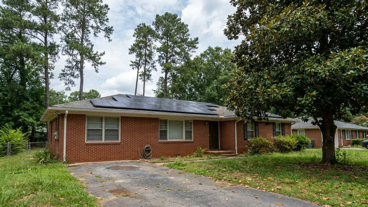 Ranch house with rooftop solar panels under Georgia pines