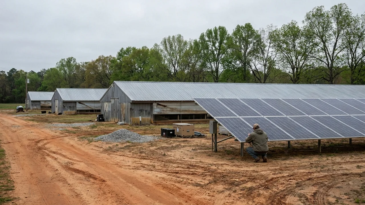 Ground-mounted solar array next to poultry houses on a Georgia farm