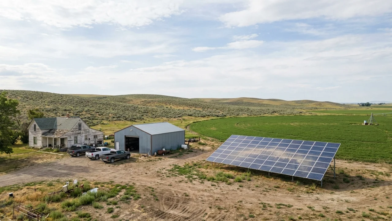 Ground-mounted solar array next to an irrigated field on a southern Idaho farm