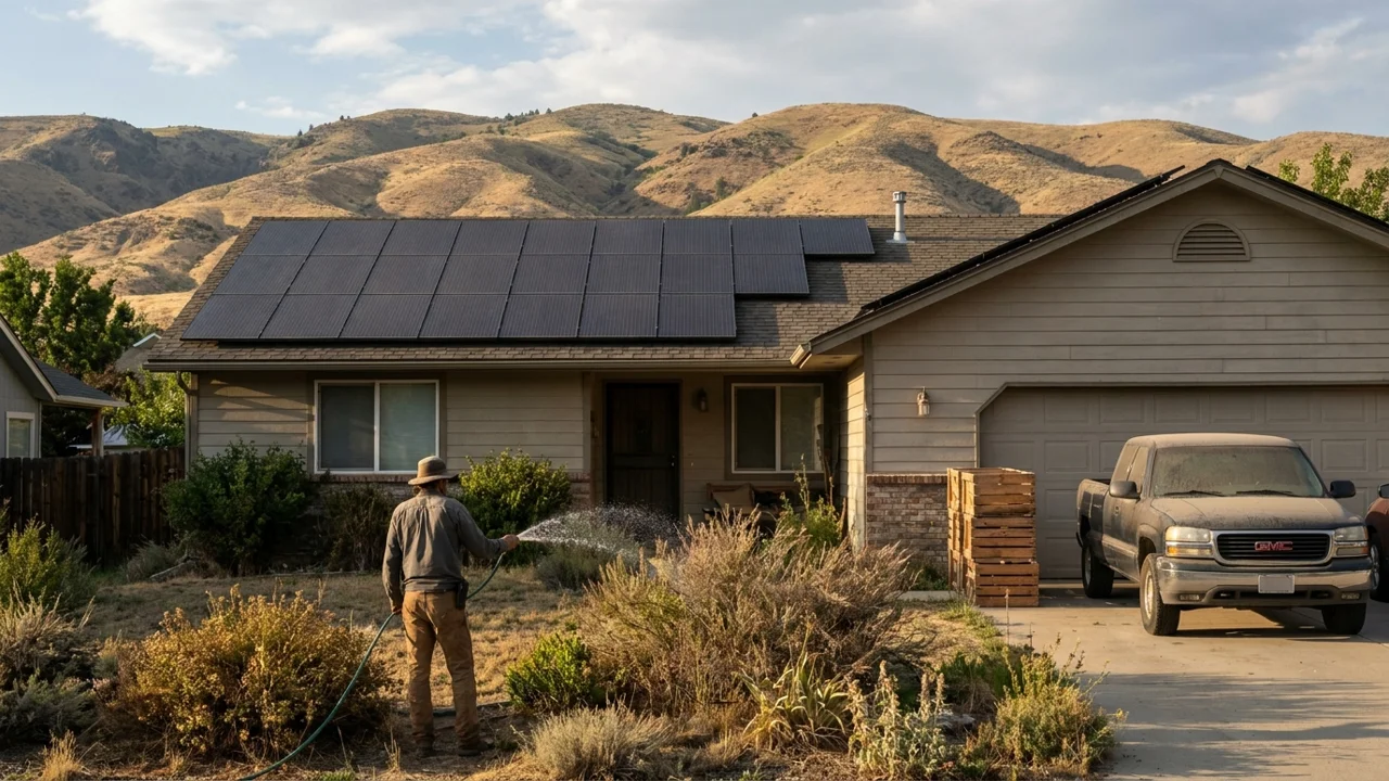 Boise home with rooftop solar panels and the foothills behind