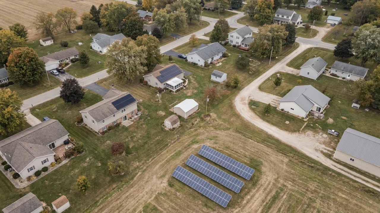 Aerial view of homes and farmland with rooftop and ground-mounted solar panels