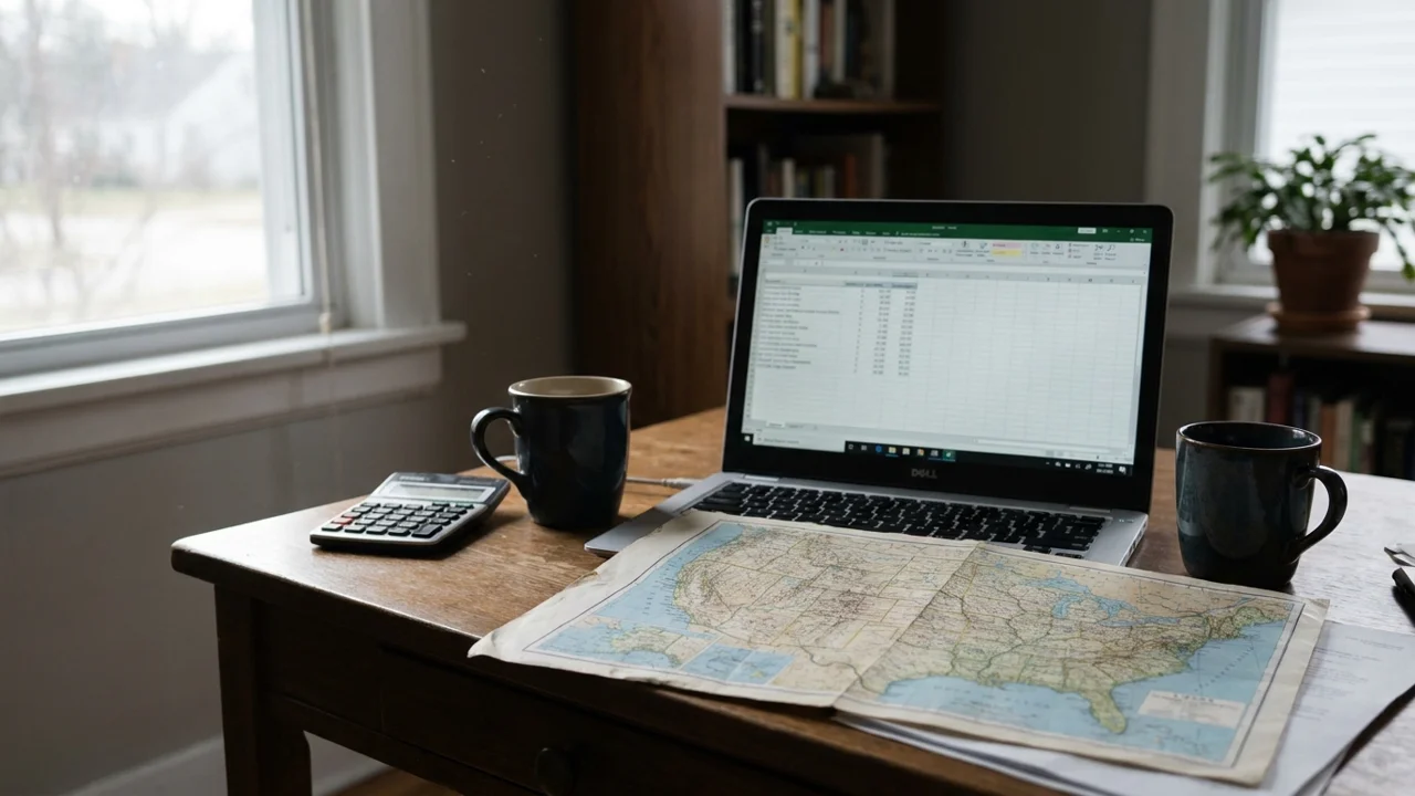A US state map, laptop and calculator on a desk