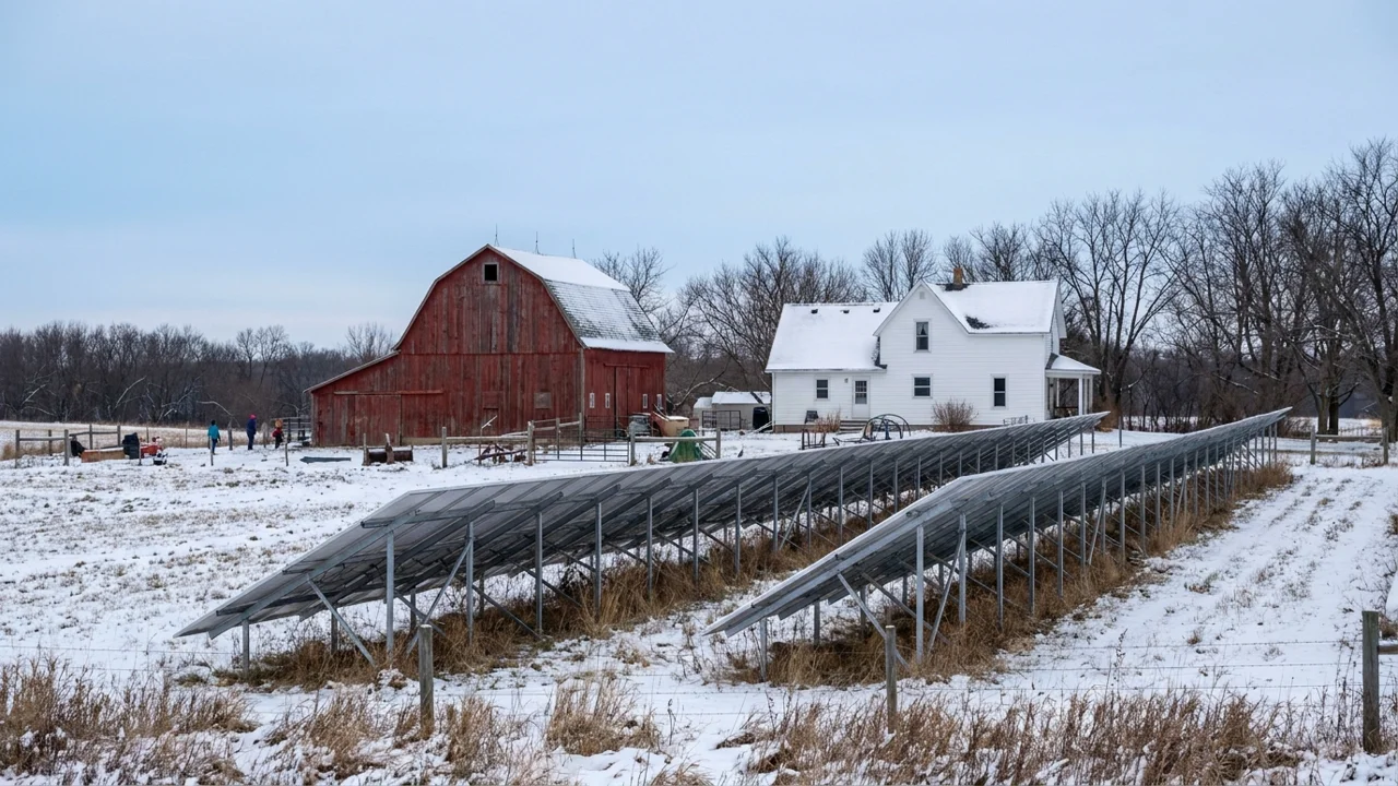 Ground-mounted solar panels beside a red barn on a snowy Minnesota farm