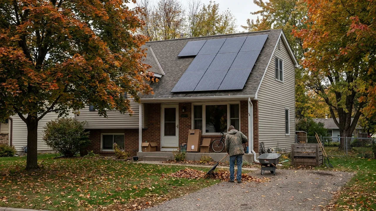 Suburban Minnesota house with rooftop solar panels in autumn