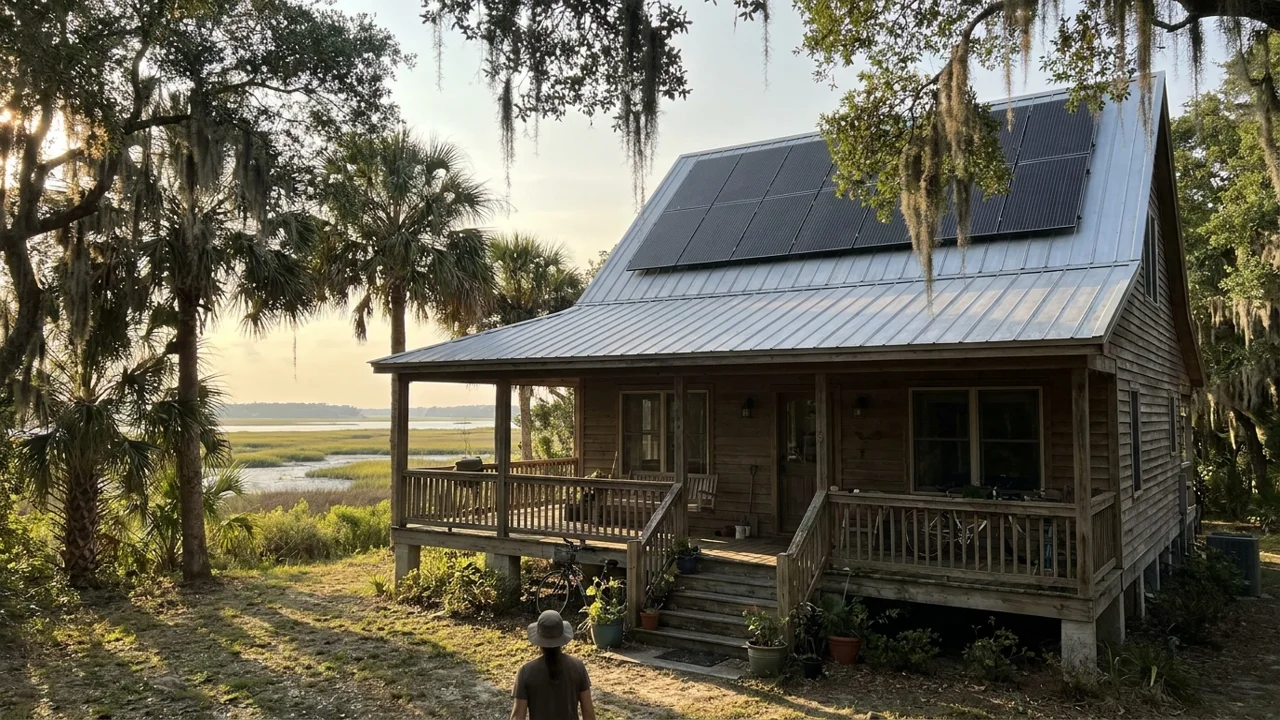 Lowcountry home with solar panels on a metal roof near the salt marsh