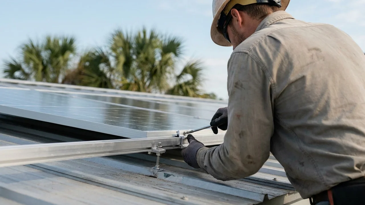 Installer checking solar racking clamps on a metal roof in coastal South Carolina