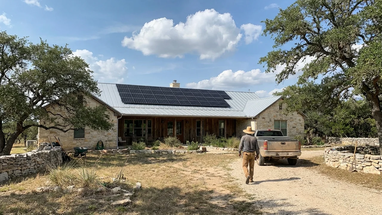 Ranch-style home in the Texas Hill Country with solar panels on a metal roof