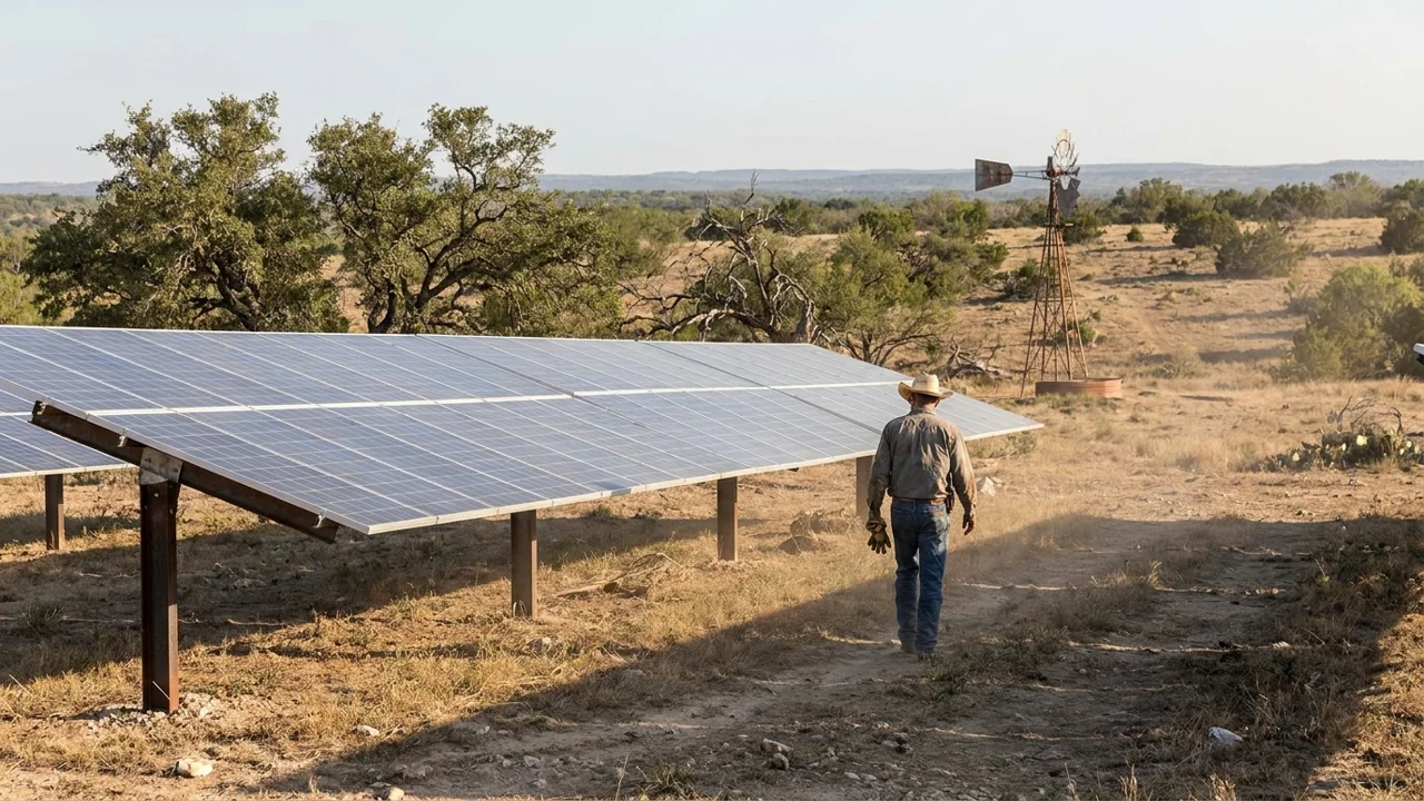 Ground-mounted solar array on a Texas ranch with a windmill in the background