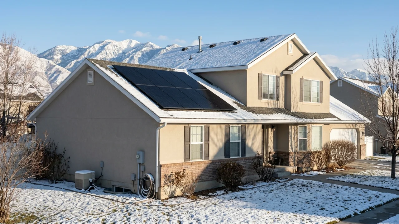 Home with rooftop solar panels in the Salt Lake Valley with the Wasatch Mountains behind