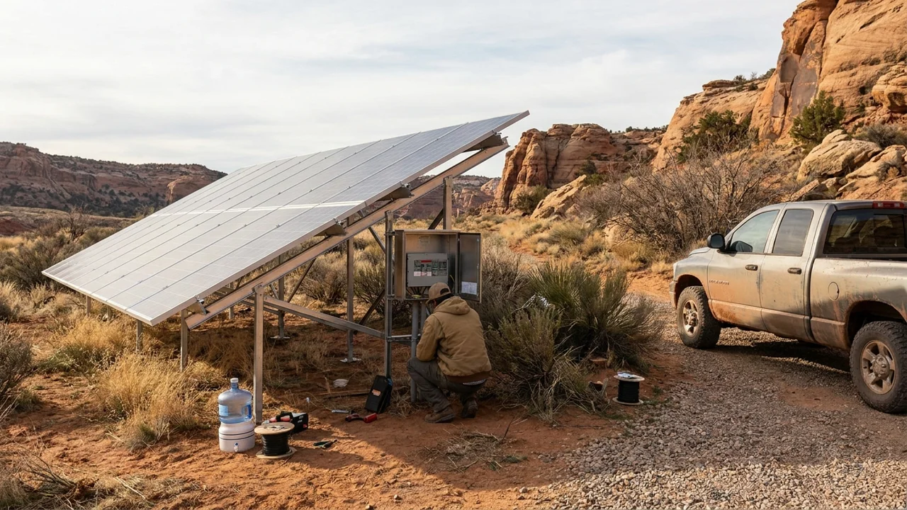 Ground-mounted solar array on a ranch in southern Utah's red-rock desert