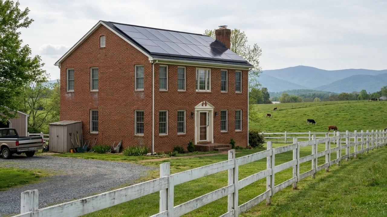 Brick house with rooftop solar panels in the Virginia countryside